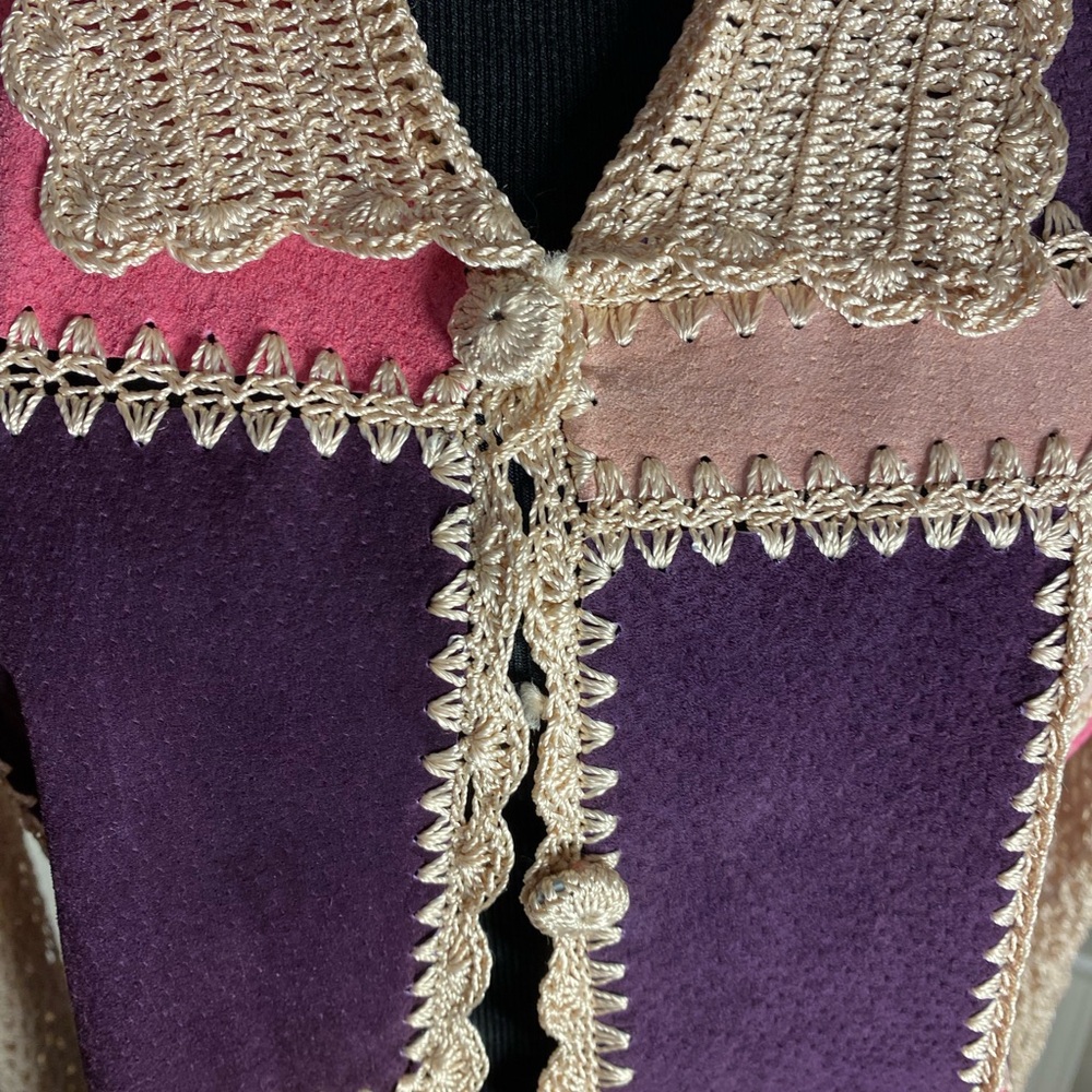 Colorful Patchwork Suede Jacket- Vintage-Kroshetta Papillon, with Crochet Trim - Picture 5 of 8